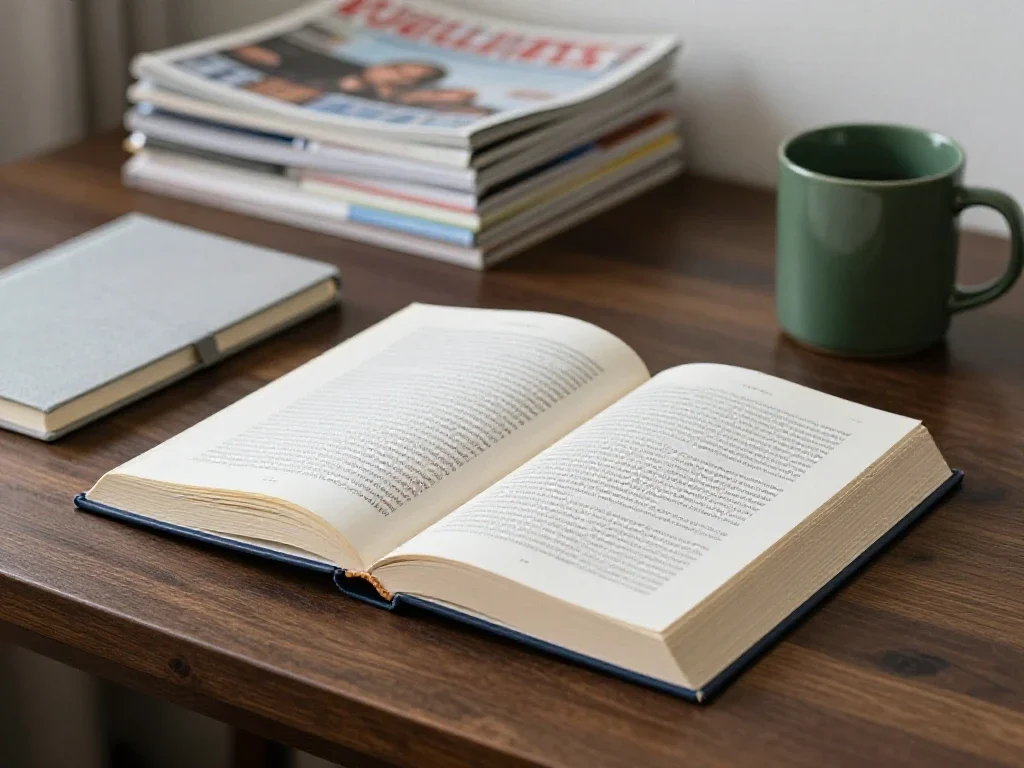 Espace de travail avec livres et carnet symbolisant la curiosité intellectuelle et l'ouverture d'esprit.